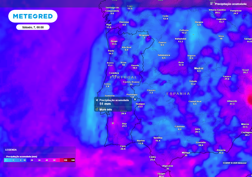 É possível que alguns locais de Portugal continental somem cerca de 50 mm de chuva ao longo da próxima semana, com os mapas de momento a destacarem o Alentejo Litoral e o Baixo Alentejo.