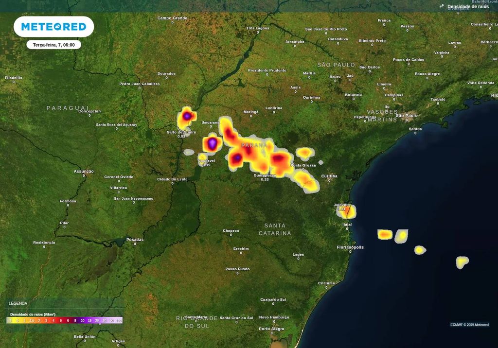 Previsão de tempestades nesta terça-feira (7), de acordo com o ECMWF. Previsão de tempestades nesta terça-feira (7), de acordo com o ECMWF.