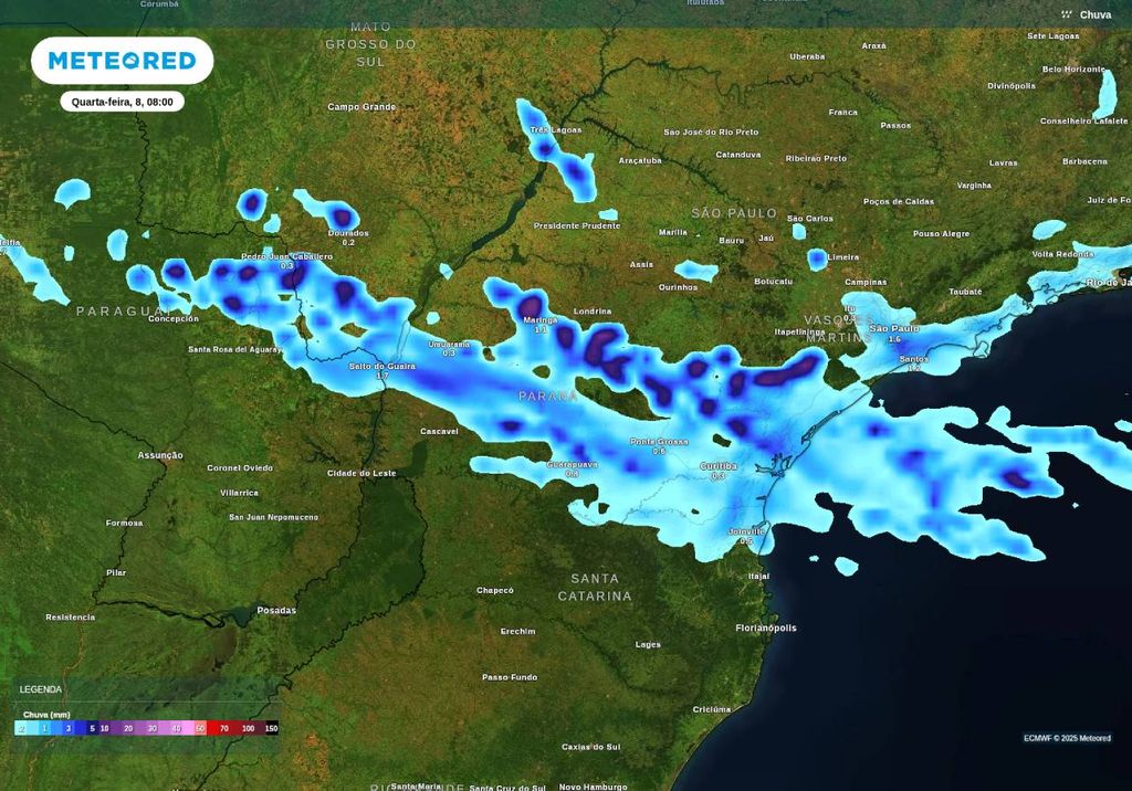 Previsão de chuva nesta quarta-feira (8), de acordo com o ECMWF. Previsão de chuva nesta quarta-feira (8), de acordo com o ECMWF.