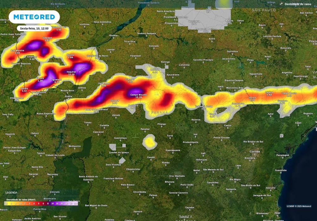 Previsão de tempestades nesta sexta-feira (10), de acordo com o ECMWF. Previsão de tempestades nesta sexta-feira (10), de acordo com o ECMWF.