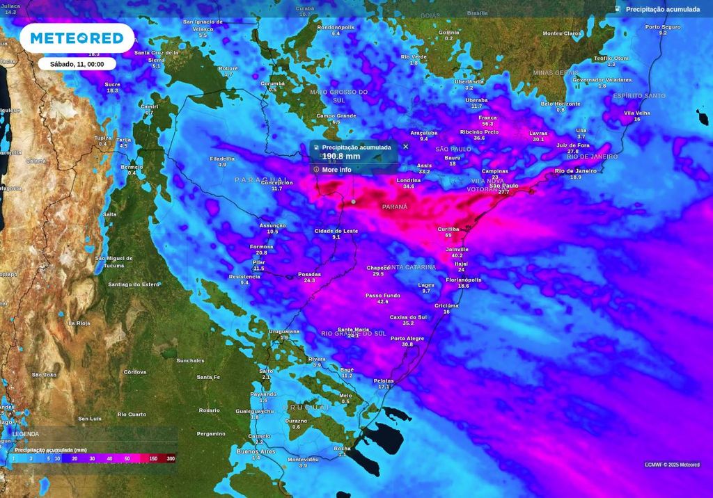 Previsão de chuva acumulada até o final da sexta-feira (10), de acordo com o ECMWF. Previsão de chuva acumulada até o final da sexta-feira (10), de acordo com o ECMWF.