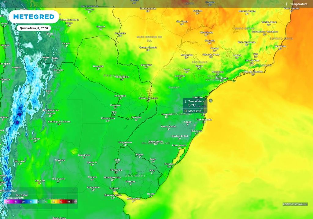 Previsão de temperatura mínima nesta quarta-feira (8), de acordo com o ECMWF. Previsão de temperatura mínima nesta quarta-feira (8), de acordo com o ECMWF.