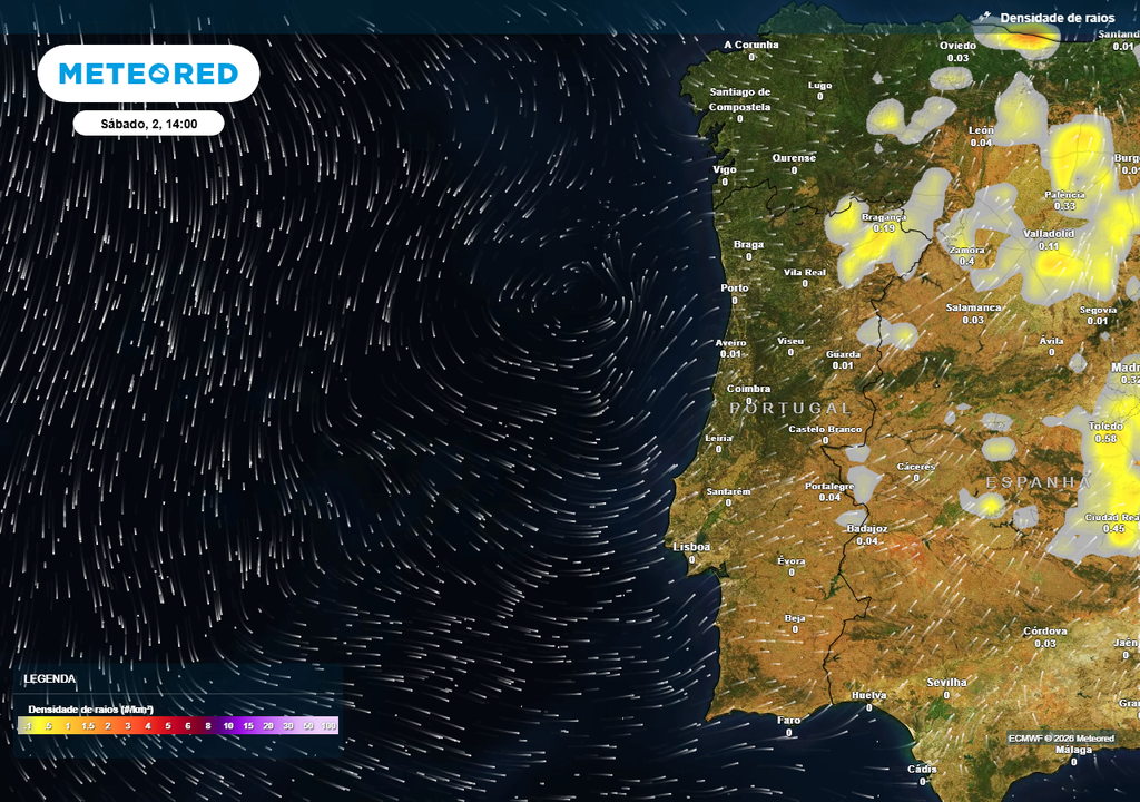 Na tarde de sábado (2) prevê-se que a concentração de descargas elétricas seja mais frequente e intensa no Nordeste Transmontano (distrito de Bragança).