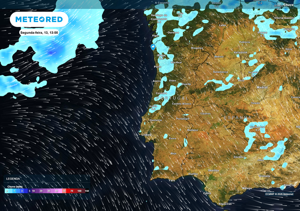 Segunda-feira traz chuva fraca, dispersa e passageira ao Norte e Centro, enquanto o Sul deverá manter-se praticamente seco.