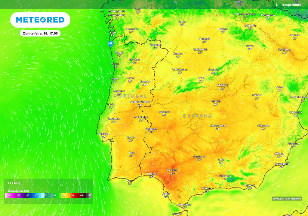 Entre quarta e quinta-feira, a precipitação quase desaparece e as temperaturas voltam a subir com o recuo do ar polar.