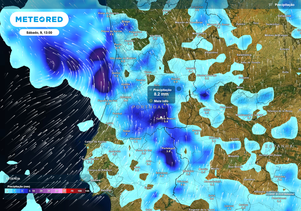 Ao início da tarde de sábado, esta deverá ser a distribuição de chuva no continente. Podemos observar, a azul escuro, as zonas mais afetadas pela chuva mais intensa, especialmente no Centro do país.