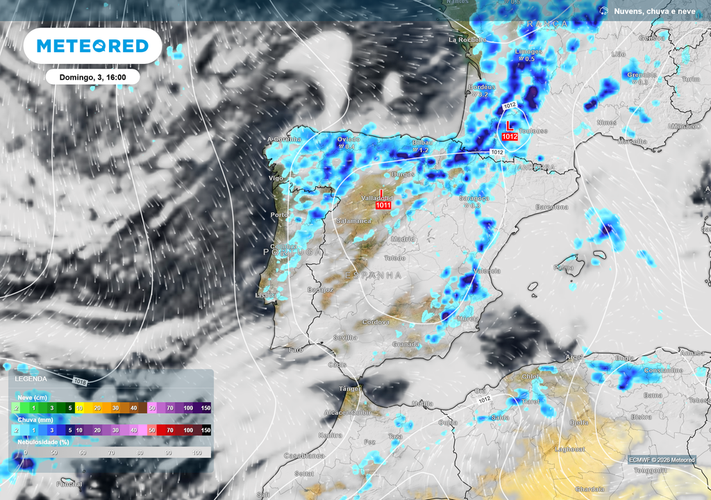 Vários centros de baixa pressão poderão contribuir para a chuva no fim de semana. A boa notícia é que nos dias seguintes, espera-se uma melhoria do estado de tempo.
