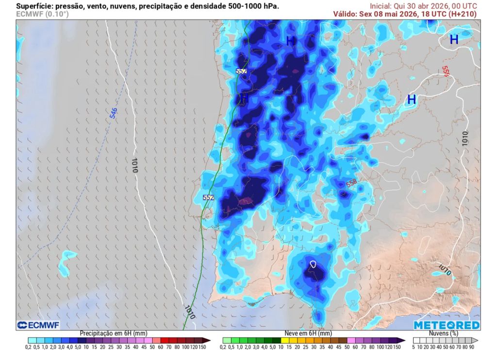 Os nossos mapas indicam o regresso da chuva mais expressiva na sexta-feira, dia 8 de maio.