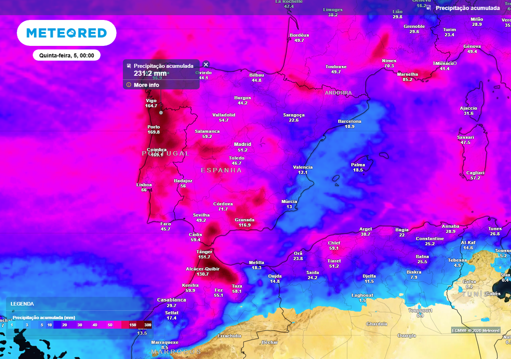 Mapa de previsão até quinta-feira, 5 de fevereiro. Muitas regiões voltarão a superar os 150/200 milímetros de precipitação acumulada.