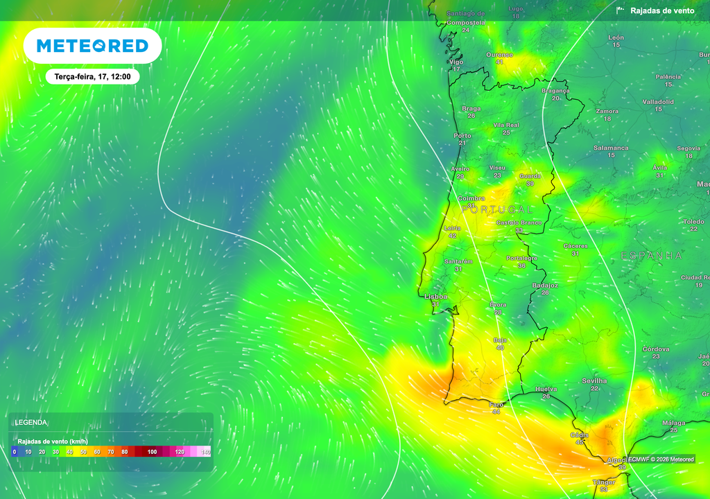 Mapa de previsão de rajadas de vento para terça-feira, 17 de março, às 12h. Observa-se um padrão dominante de vento com componente de este-sudeste sobre Portugal continental, com rajadas maioritariamente entre 30 e 40 km/h em grande parte do território. Esta circulação está associada à depressão localizada no Atlântico, a oeste da Península Ibérica.