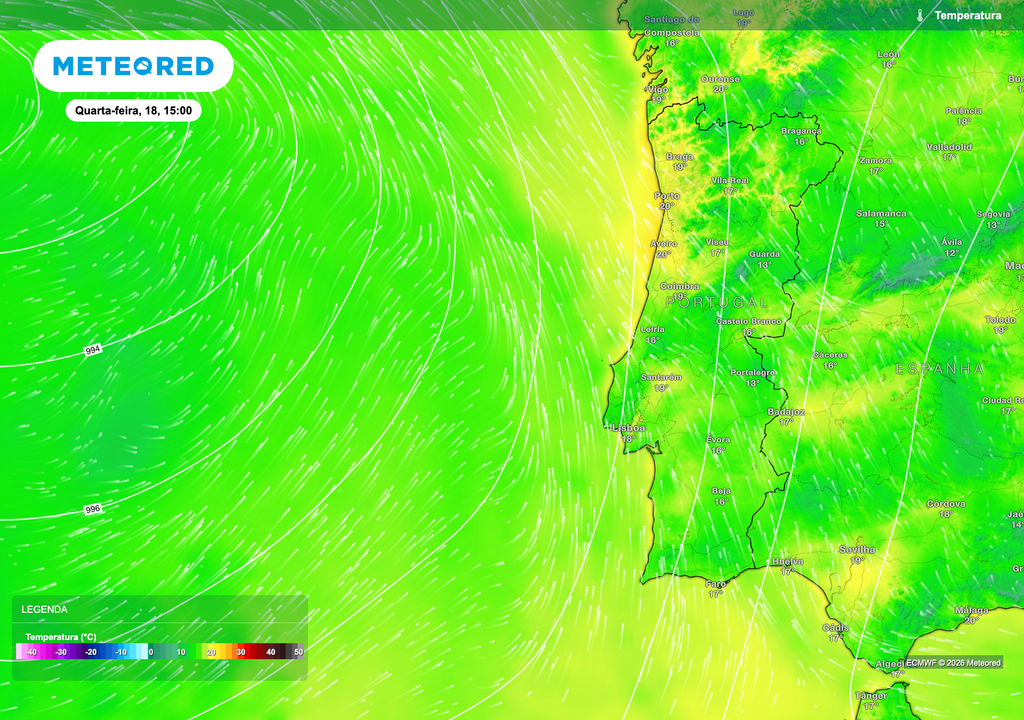 Mapa de temperatura prevista para quarta-feira, 18 de março, às 15h. Durante o período da tarde, os valores situam-se em torno de 19 a 20 °C em várias regiões do litoral e do interior, enquanto no interior Norte se mantêm ligeiramente mais baixos. A distribuição das temperaturas evidencia um ambiente relativamente mais ameno em grande parte do território continental.