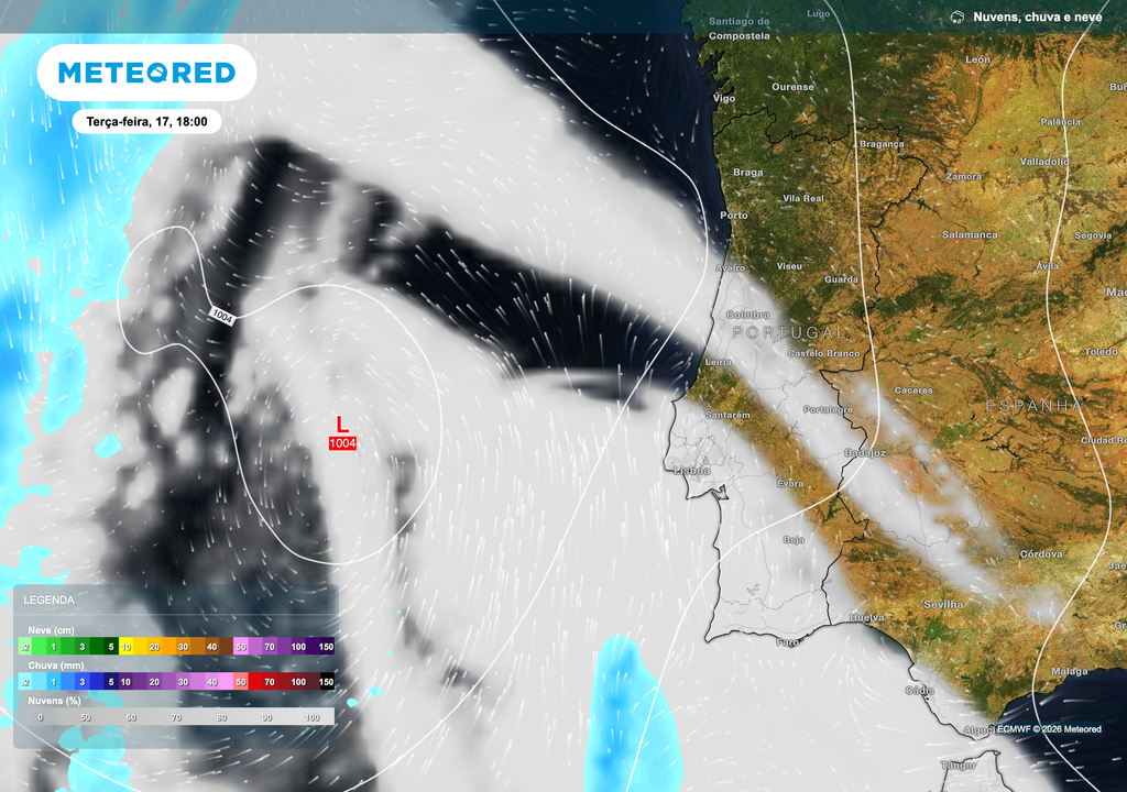 Mapa de nuvens, chuva e neve previsto para terça-feira, 17 de março, às 18h. Observa-se uma depressão no Atlântico, a oeste da Península Ibérica, rodeada por bandas de nebulosidade associadas à circulação ciclónica. Esta configuração favorece fluxo de este-sudeste sobre Portugal e ajuda a explicar a subida das temperaturas prevista no início da semana.