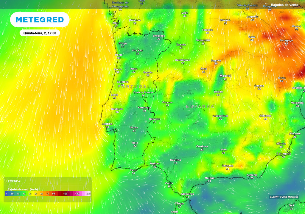 Vento fraco durante a manhã, tornando-se moderado à tarde, com rajadas até 50 km/h, sobretudo nas terras altas do Centro e na faixa costeira.