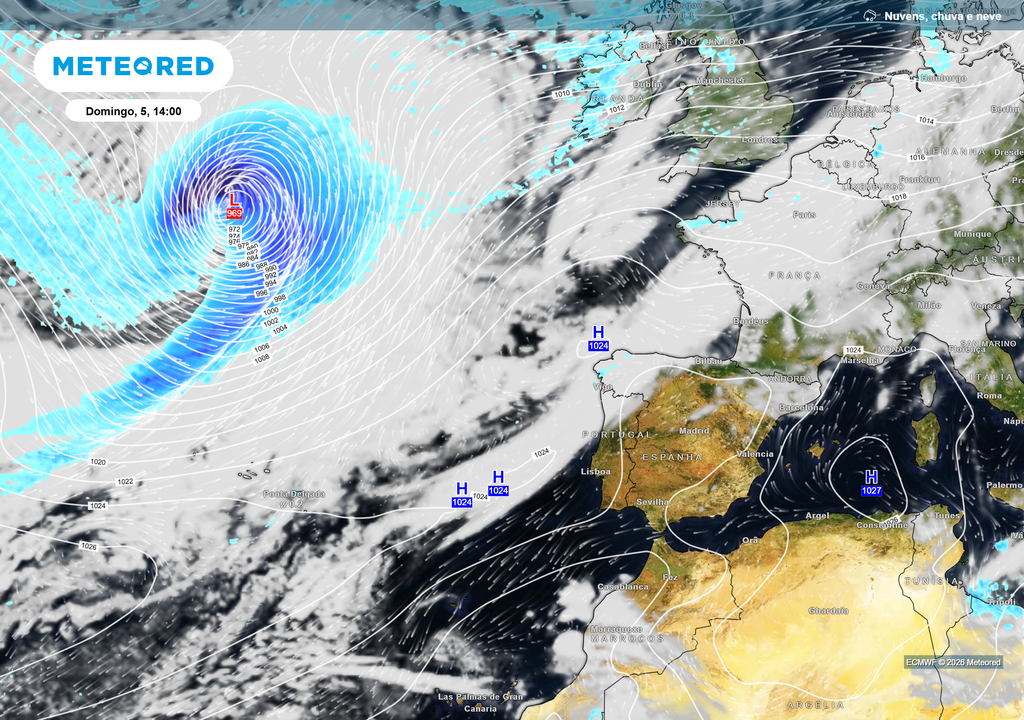 Aproximação de uma depressão no Atlântico Norte, que poderá tentar deslocar o anticiclone e trazer mudanças no estado do tempo após domingo.