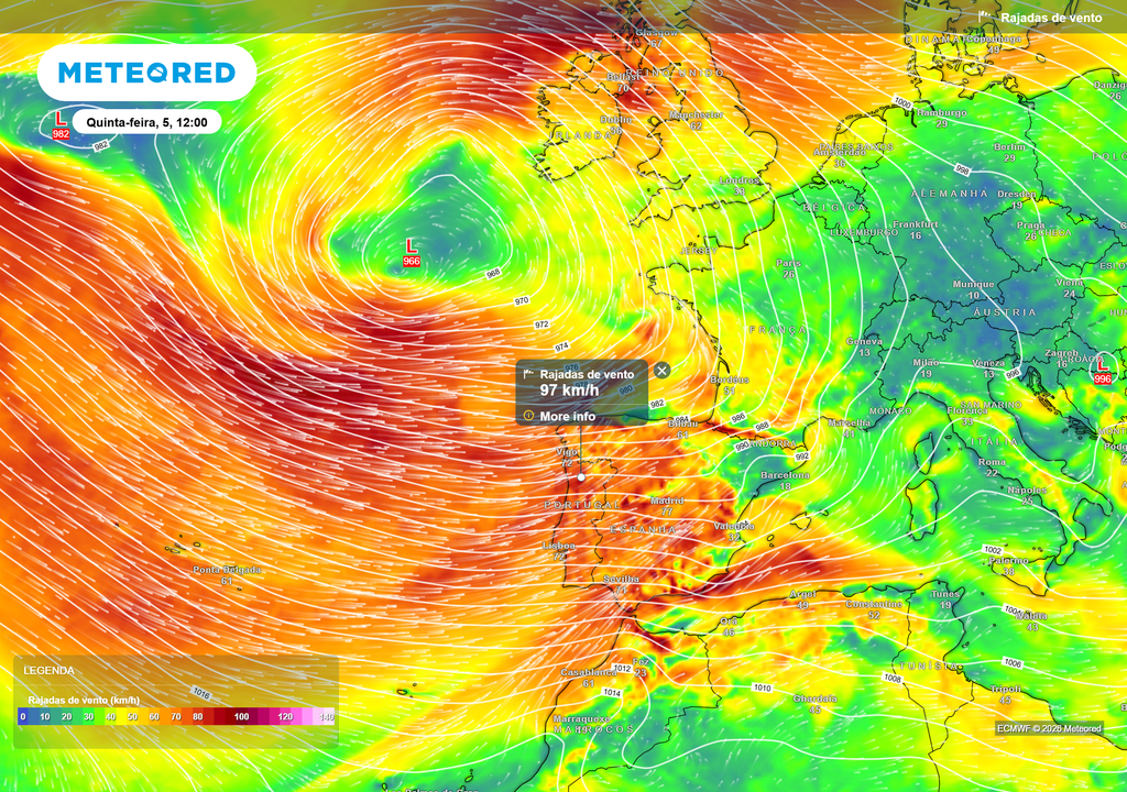 Na quinta-feira, dia 5, é esperado um aumento da velocidade do vento em praticamente todo o território continental.