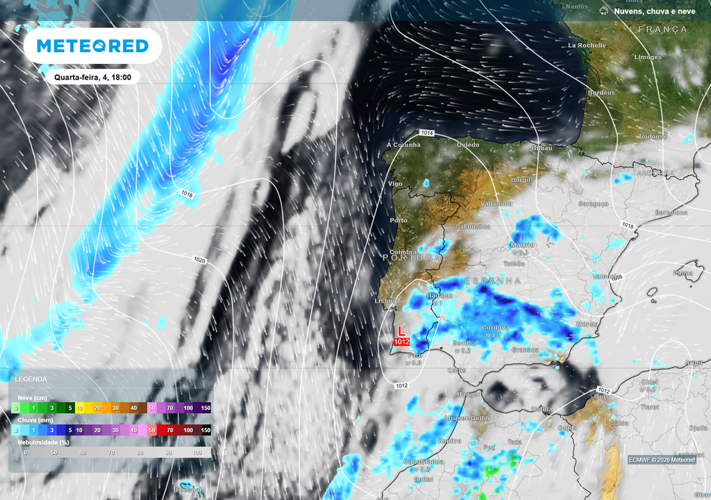 Depressão fragmentada com centro pouco cavado (~1012 hPa) junto ao Sul da Península. Instabilidade concentrada no Algarve, Alentejo e Andaluzia, com gradiente de pressão fraco e vento sem expressão significativa.