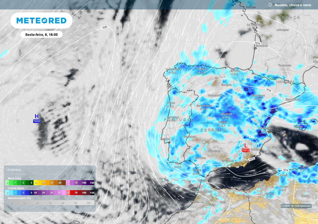 Isolamento de ar frio em altitude e formação de nova depressão em altitude (gota fria). Precipitação mais generalizada sobre Portugal e Espanha, associada a circulação ciclónica ativa.
