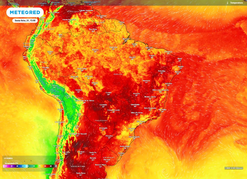 Previsão de temperatura máxima para a tarde de sexta-feira (21), de acordo com o modelo ECMWF.