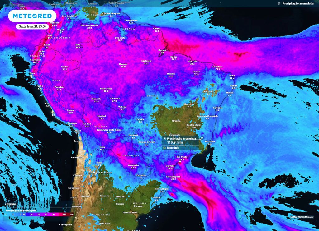 Previsão do acumulado de chuva entre a quarta-feira (19) e sexta-feira (21).
