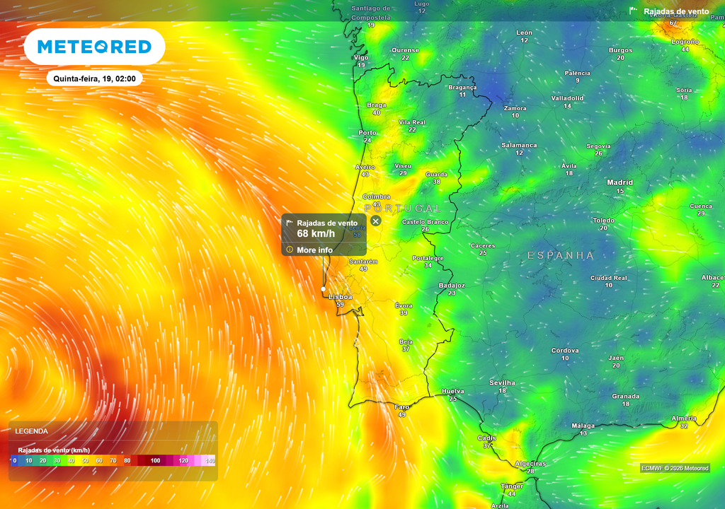 Rajadas de vento intensificam-se durante a madrugada de quinta-feira, com valores elevados no litoral e regiões expostas, devido ao forte gradiente de pressão associado à Depressão Therese.