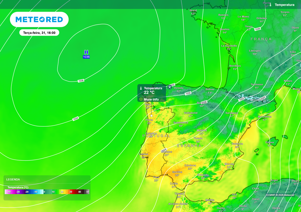 É esperada uma descida das temperaturas até domingo, dia 29, no entanto, a partir de segunda-feira os termómetros voltam a aumentar de forma generalizada.