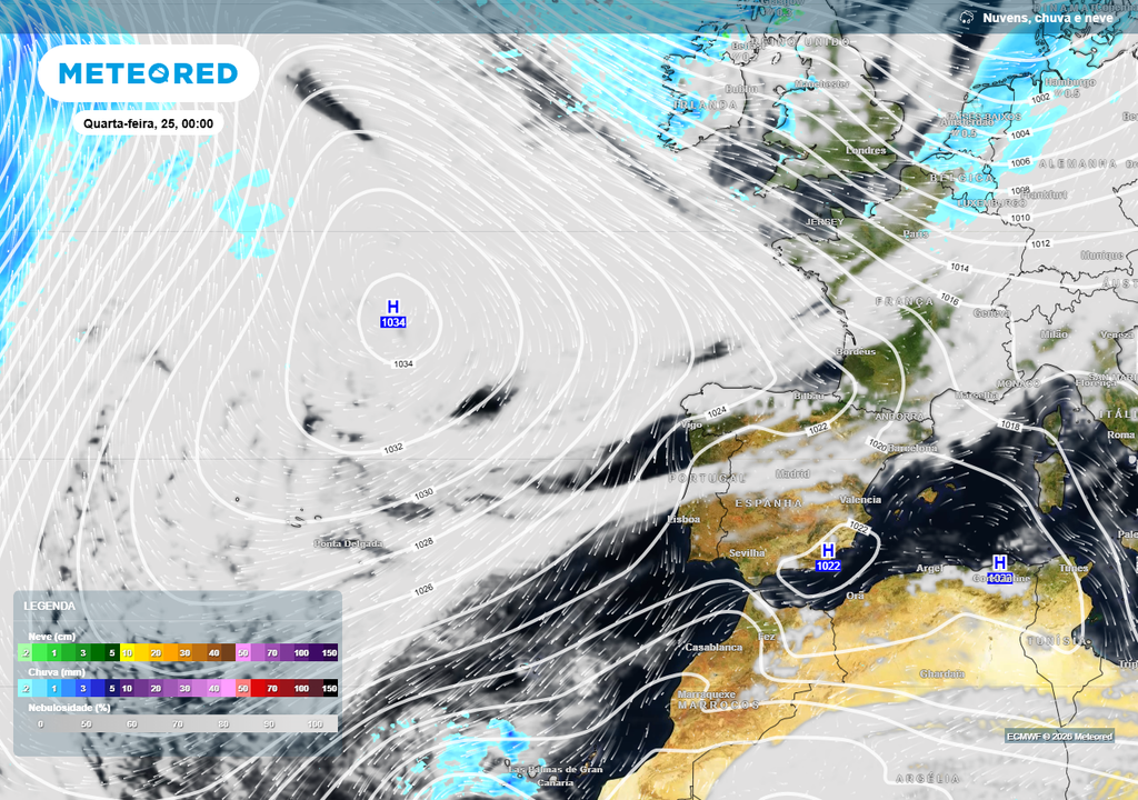 Mapa de previsão para a próxima quarta-feira, 25 de março. A NAO+ em Portugal está associada a um estado do tempo tendencialmente mais estável, com o anticiclone dos Açores mais consolidado e uma circulação zonal que tende a desviar as depressões para latitudes mais a norte.