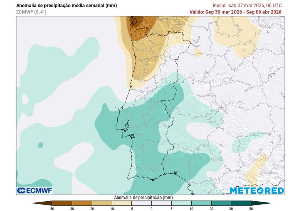 A mais recente projeção para a Semana Santa de 2026 é esta: um contraste entre Norte e Sul, onde no primeiro deverá chover menos que o normal e no segundo poderá ocorrer precipitação acima da média.