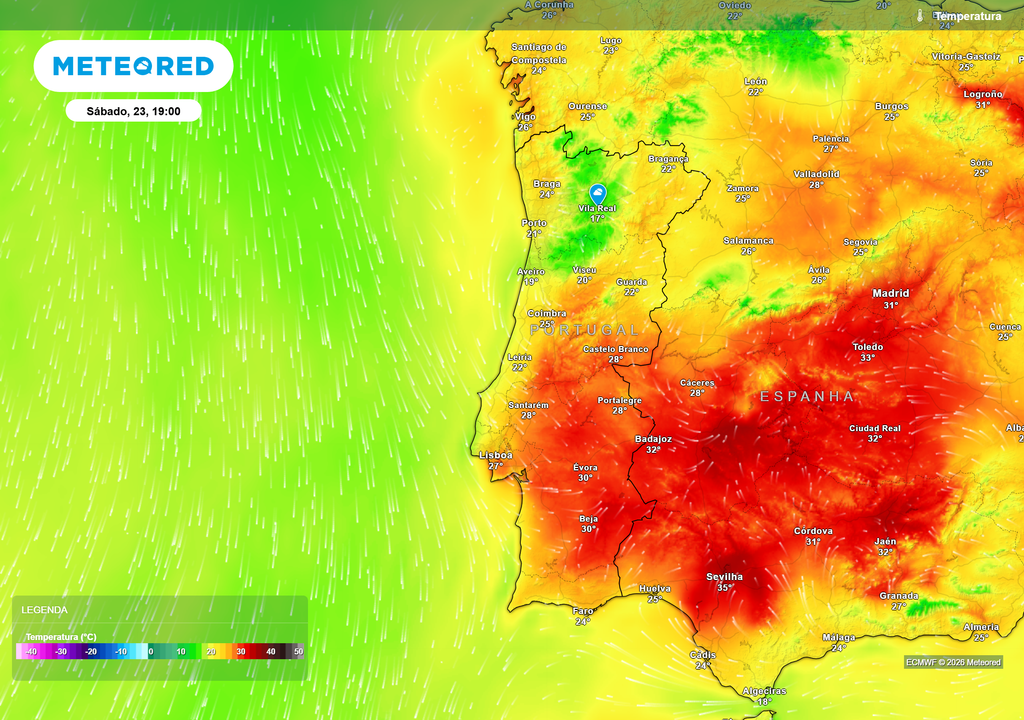 Temperatura Temperaturas mais baixas em Vila Real durante o pico de instabilidade contrastam com o calor persistente no restante território.