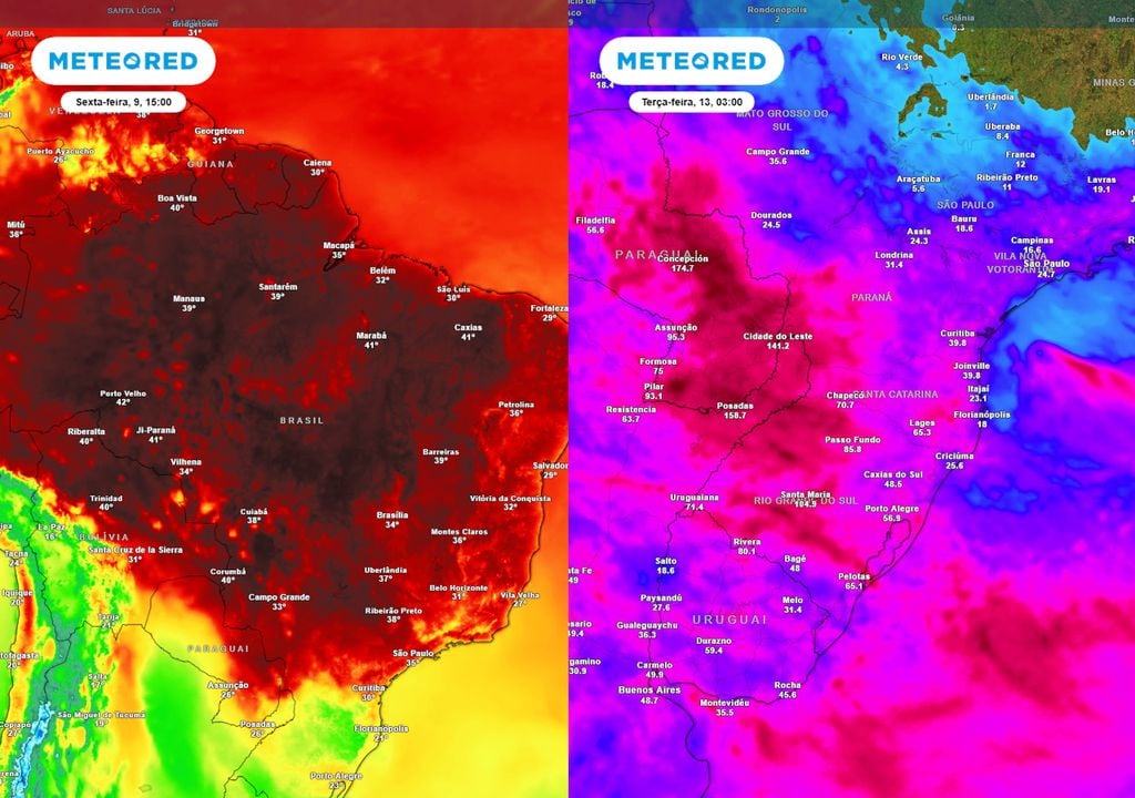 Previsão de temperaturas máximas sexta e acumulados totais até terça. Previsão de temperaturas máximas sexta e acumulados totais até terça mostra um panorama climático de calor intenso no Brasil e chuvas fortes no Sul, que continua nos próximos meses.