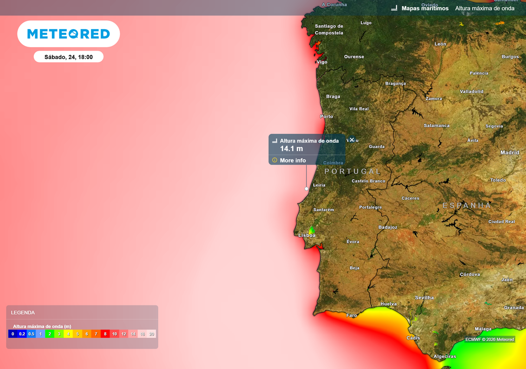 Altura máxima de onda muito elevada ao longo da costa ocidental, com valores a rondar os 14 metros, mantendo-se em vigor avisos de risco extremo de agitação marítima.