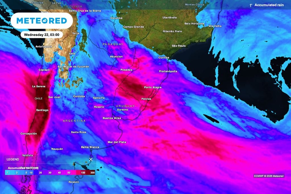 chuva, anomalia Chuva acumulada supera 150 mm em áreas do Rio Grande do Sul até quarta-feira (22).