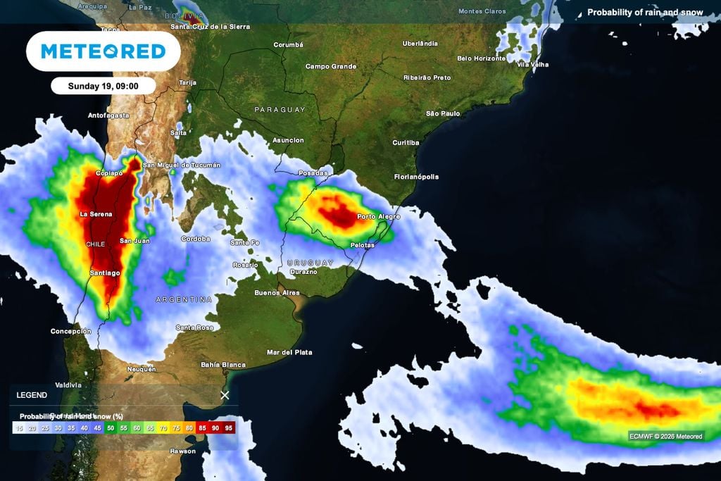 chuva, acumulado, risco Probabilidade de chuva supera 90% em áreas do Rio Grande do Sul no domingo (19).