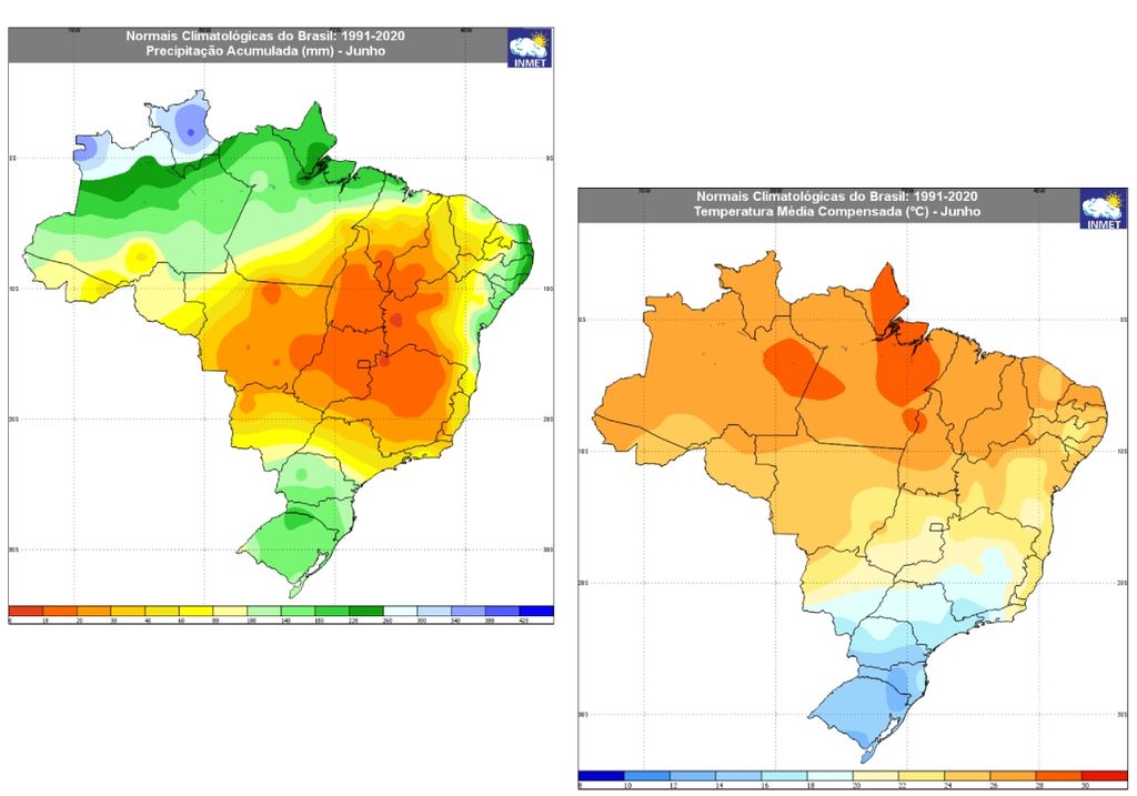 Normais climatológicas (1991-2020) de junho para a precipitação (esquerda) e temperatura média (direita), de acordo com o Instituto Nacional de Meteorologia. Créditos: INMET.