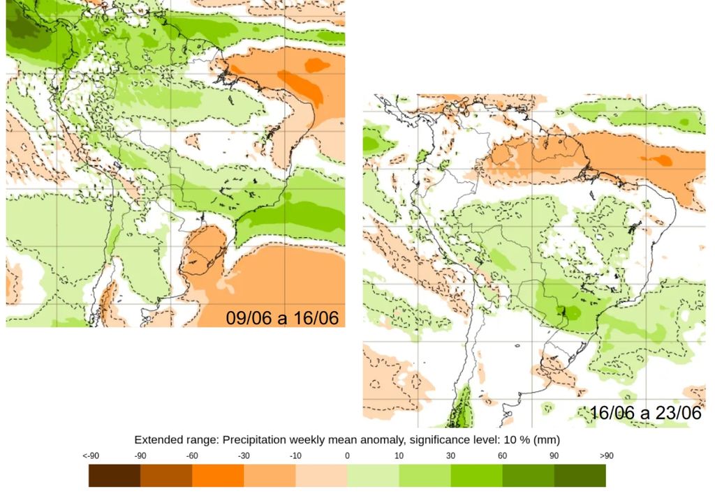 Previsão de anomalia de chuva para as semanas entre os dias 9 e 16 (esquerda) e entre 16 e 23 (direita) de junho, onde verde indica chuva acima da média. Créditos: ECMWF.