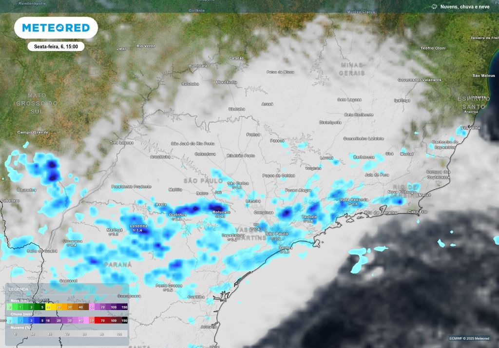 Previsão de chuva e nuvens na sexta-feira (6) de acordo com o ECMWF.