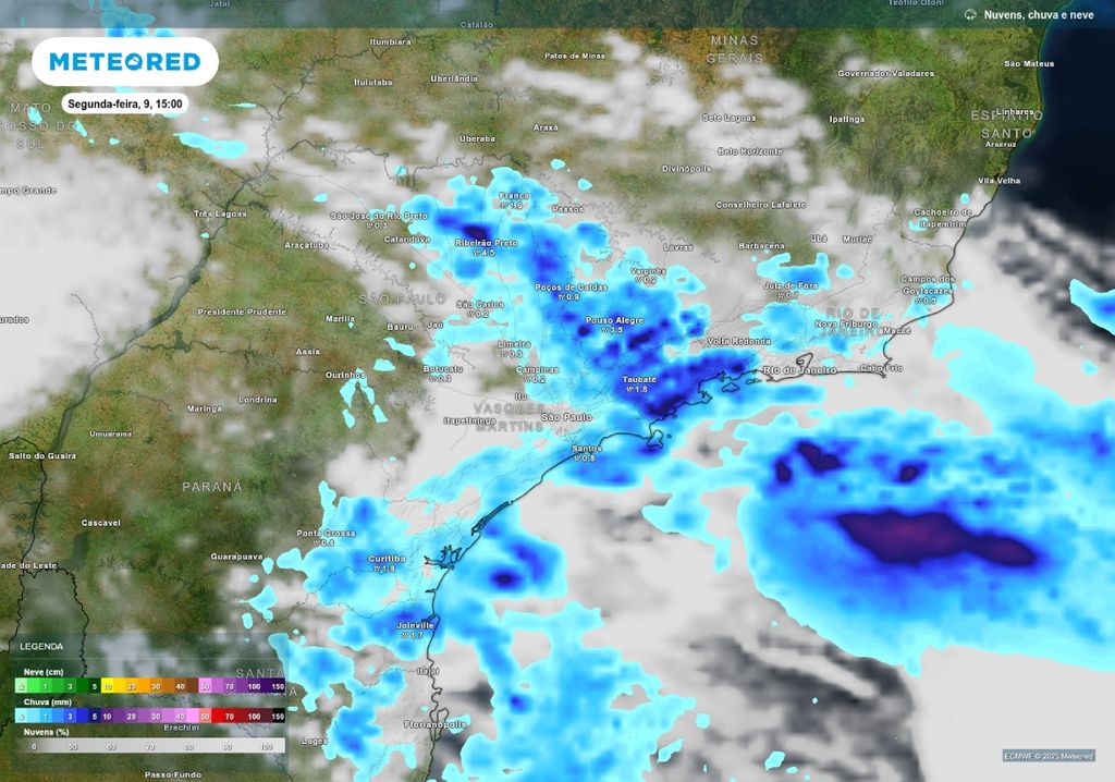 Previsão de chuva e nebulosidade na segunda-feira (9) de acordo com o ECMWF.