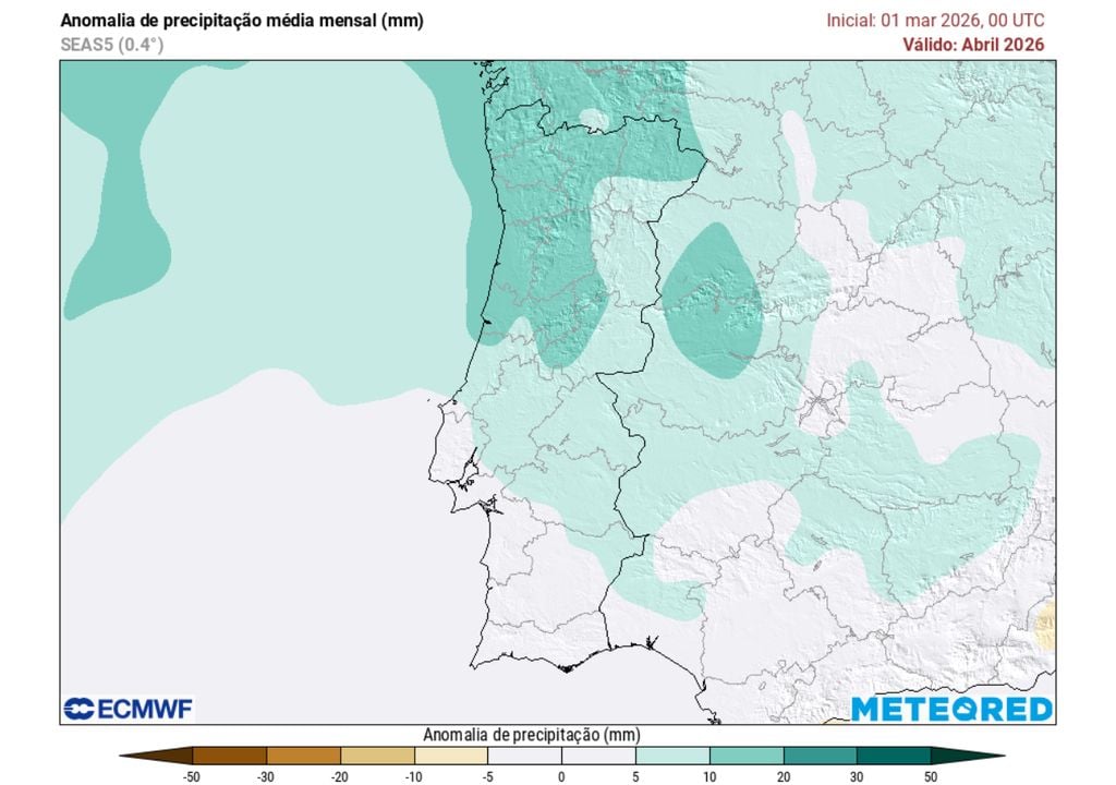 Neste mapa de anomalia de precipitação mensal, podemos observar uma anomalia positiva em boa parte do país (áreas a azul).