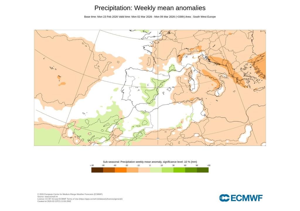 Para a primeira semana de março 2026 vislumbra-se precipitação dentro dos valores médios de referência no Continente e na Madeira, mas mais seco do que o normal nos Açores.