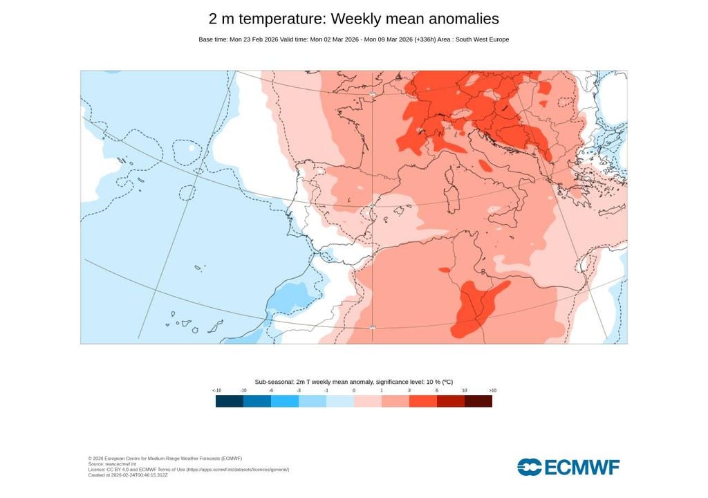 Para a primeira semana de março 2026 observam-se algumas anomalias térmicas positivas e negativas à escala regional, embora exista um predomínio de temperaturas dentro do normal em território português.