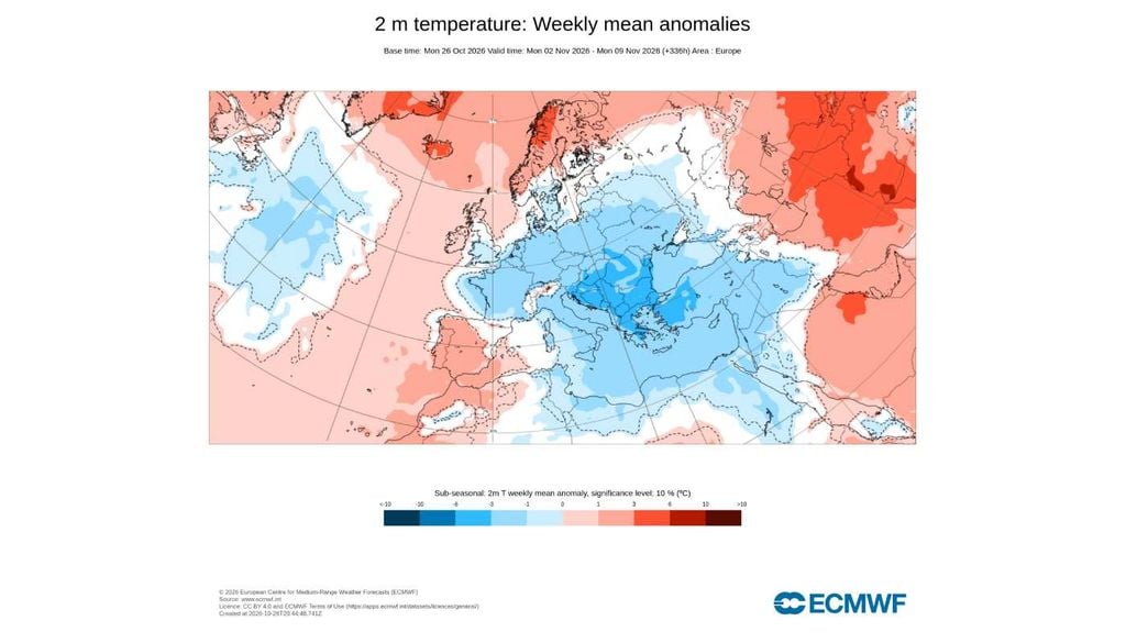 As temperaturas médias deverão permanecer acima do normal entre 2 e 9 de novembro, com anomalias positivas que poderão rondar 1 a 3 ºC em algumas regiões.