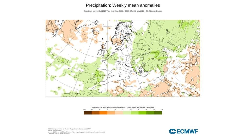 A chuva poderá ganhar terreno na segunda semana do mês, com o Norte a apresentar um sinal de precipitação acima do normal e desvios localmente próximos dos +30 mm.