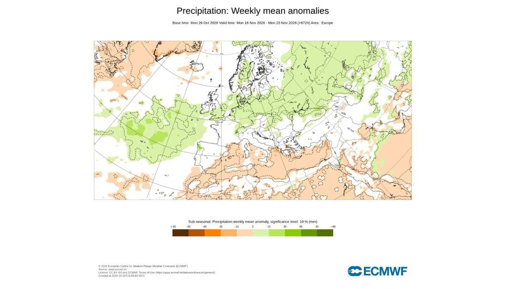 Entre 16 e 23 de novembro, grande parte de Portugal surge sem uma anomalia de precipitação estatisticamente significativa, indicando que, por enquanto, não existe um sinal robusto de um período mais seco ou mais chuvoso do que o habitual.