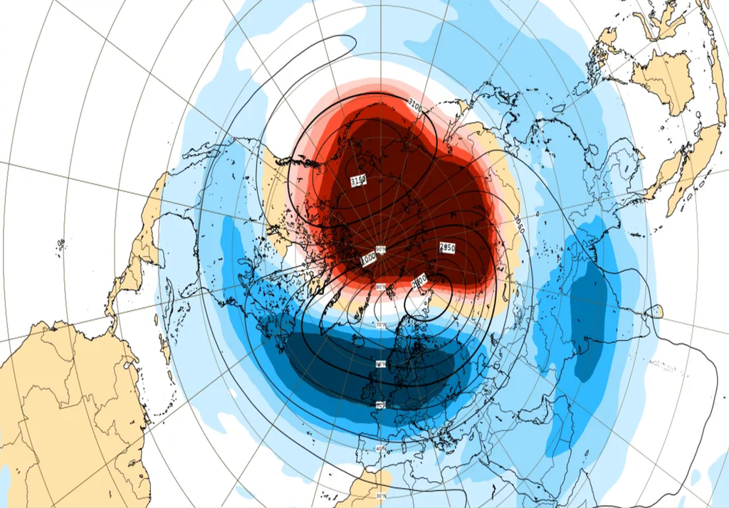 Un réchauffement stratosphérique soudain pourrait se produire à partir du 18 février dans l’Arctique. Le modèle ECMWF est présent dans l'image.