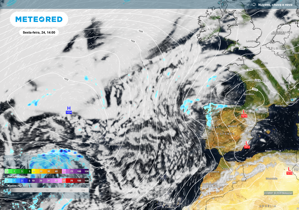 Mapa atmosférico pressão e chuva Durante os dias 24 e 25 de julho, uma depressão em altitude junto à Península Ibérica favorecerá maior nebulosidade, alguma precipitação e temperaturas mais baixas.