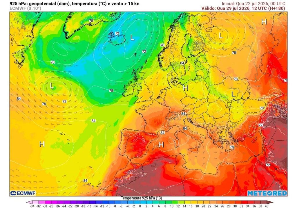 Geopotencial e temperatura 925 hPa No final de julho, o Anticiclone dos Açores deverá regressar a uma posição mais próxima da habitual, favorecendo tempo mais estável e temperaturas em recuperação, sem sinais de uma nova vaga de calor.