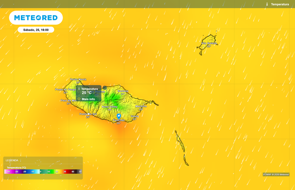 No último fim de semana de julho prevê-se que as temperaturas máximas possam alcançar os 25 ºC nalgumas localidades do arquipélago da Madeira.