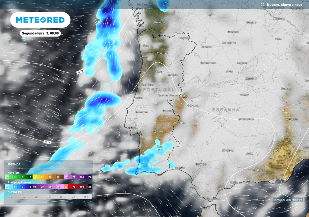 A manhã de segunda-feira deverá começar com céu muito nublado em grande parte do território e precipitação dispersa. A chuva será pouco expressiva no Sul, onde os acumulados deverão permanecer abaixo de 1 mm.