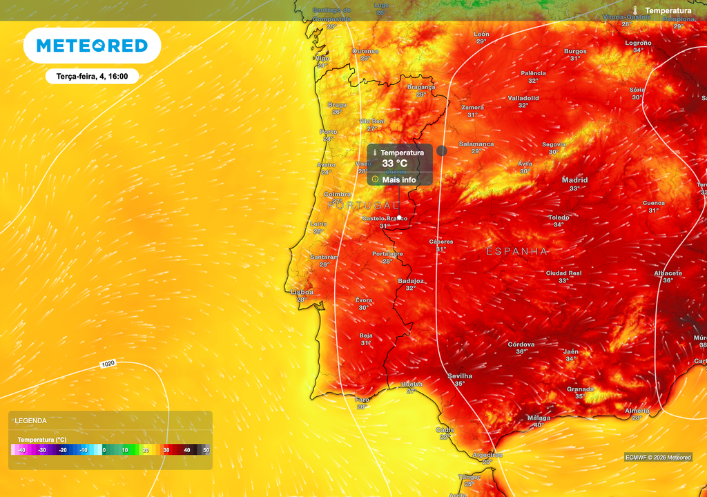 Na terça-feira, as temperaturas máximas deverão subir sobretudo no interior de Portugal continental, podendo atingir 33 ºC na Guarda, 32 ºC em Évora e 31 ºC em Castelo Branco e Beja. No litoral Norte, os valores deverão ficar próximos dos 24 ºC.