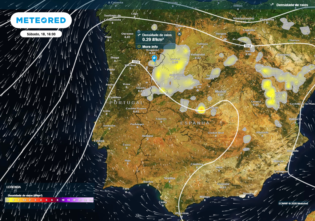 É possível que no sábado, dia 18, se reúnam as condições favoráveis à ocorrência de trovoada em zonas do interior de Portugal continental. Graças à combinação do calor diurno e algum ar frio em altitude, poderão formar-se algumas nuvens de desenvolvimento vertical que originem trovoadas e quiçá granizo.