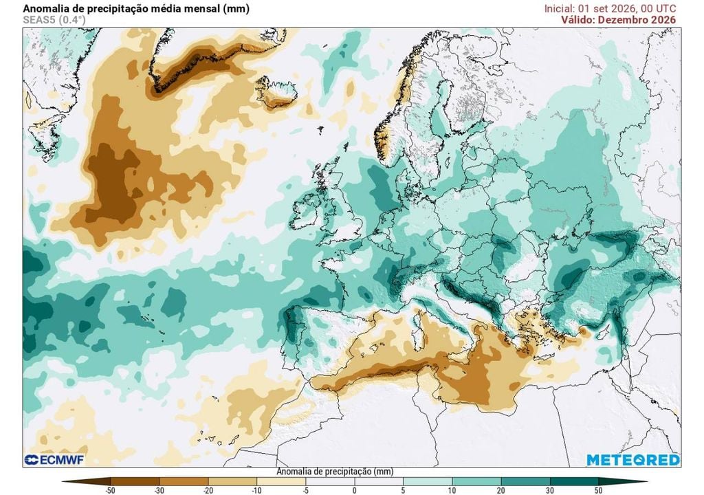 O modelo Europeu insiste numa forte circulação de oeste nos últimos dois meses de 2026, caracterizada por temperaturas amenas e chuva abundante.
